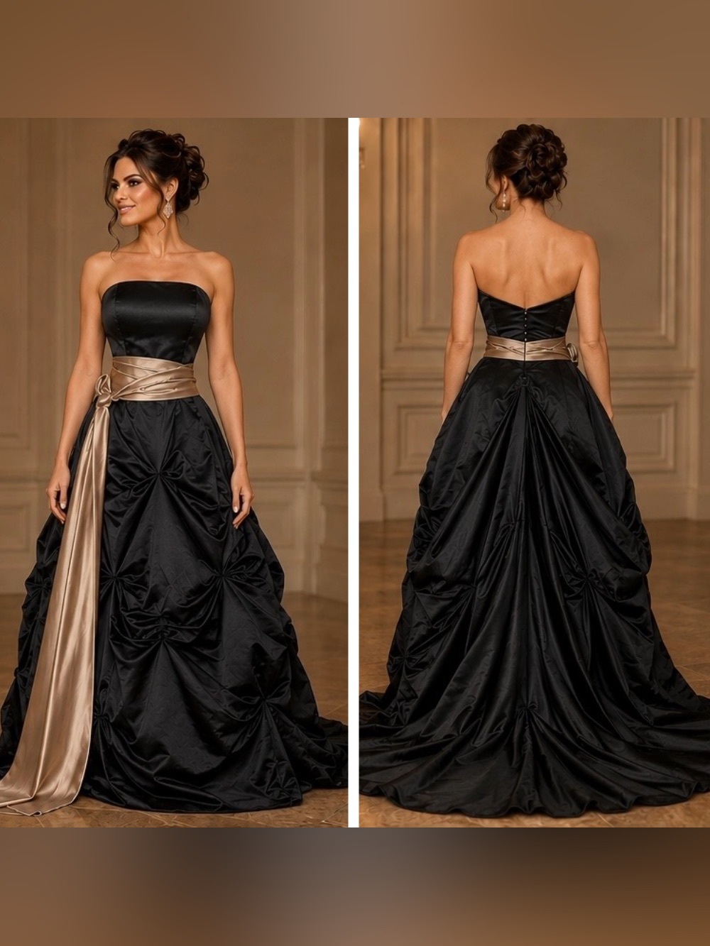 Alexia Designs Style Black Strapless Formal Gown w/ Champagne Gold Sash, Size 20